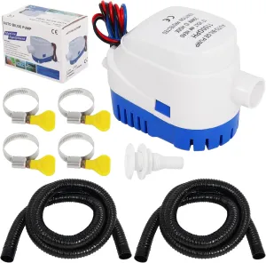 1-1/8" Automatic Bilge Pump Plumbing Kit, 1100GPH Electric 12v Submersible Boat Bilge Water Pump with 2X 6 FT Hoses, 4 Stainless Steel Clamps,and Thru-Hull Fitting for Boat Marine
