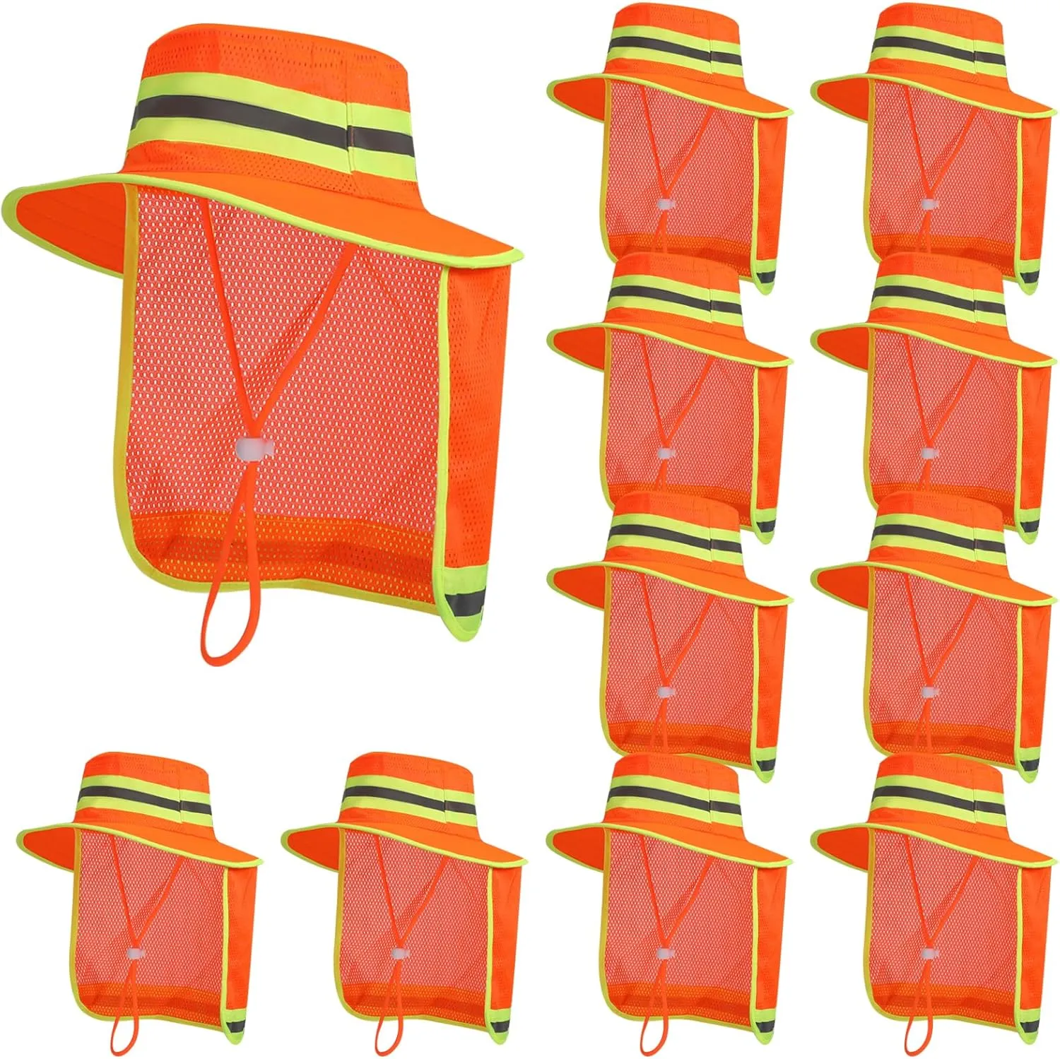 12 pcs Reflective Safety Hat with Neck Flap Wide Brim Men High Visibility Reflective Sun Hat Breathable Bucket Cap for Men Women Worker