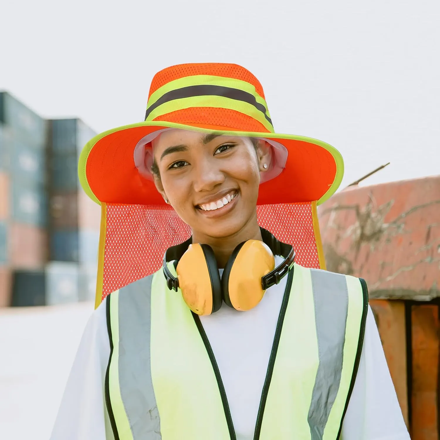 12 pcs Reflective Safety Hat with Neck Flap Wide Brim Men High Visibility Reflective Sun Hat Breathable Bucket Cap for Men Women Worker