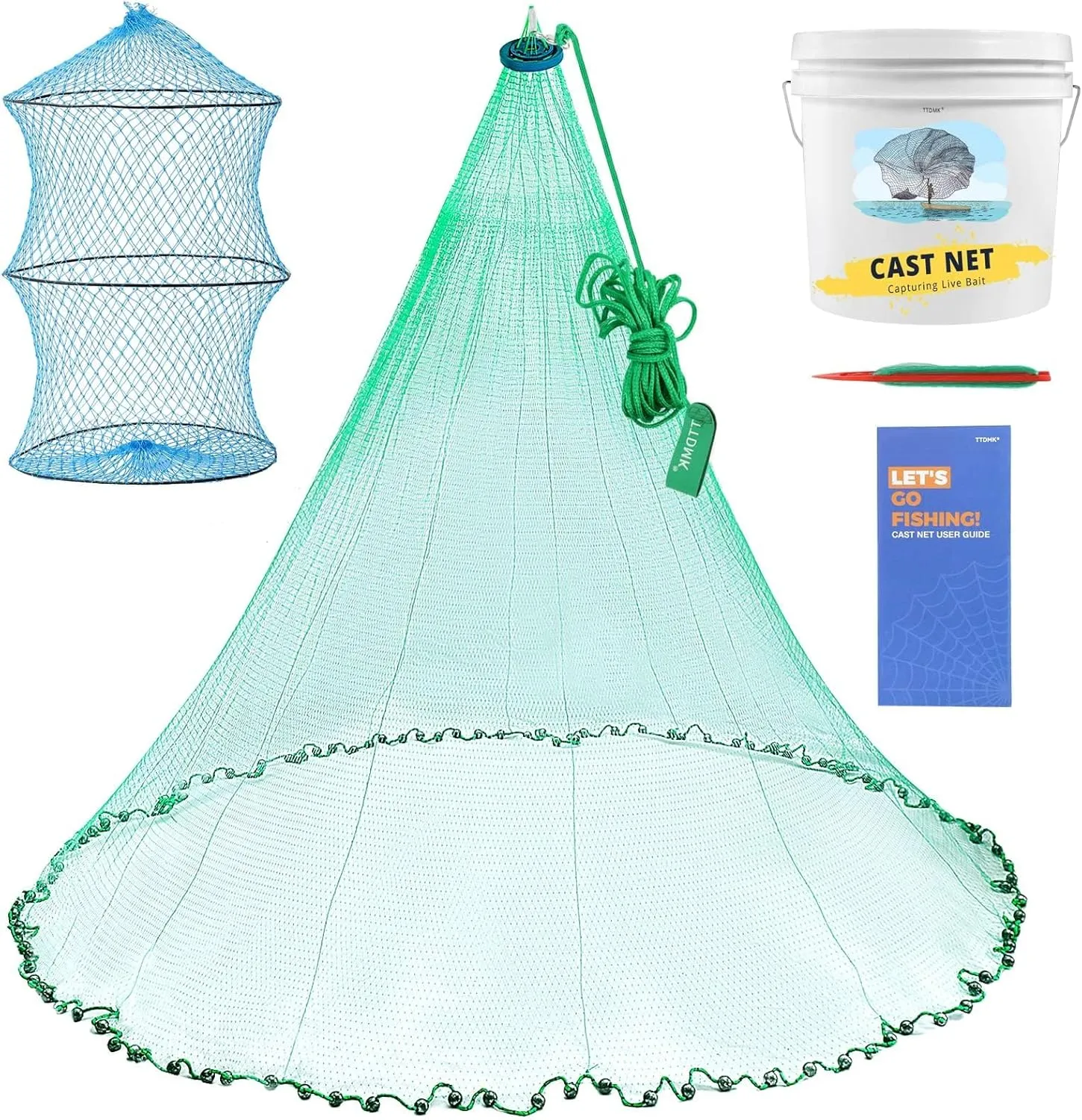 12.1ft Cast Nets for Fishing with Storage Bucket, Casting Nets for Bait Fish, Freshwater and Saltwater Fishing Nets, 1.5LB/Ft Heavy Duty Sinkers Throw Cast Net, Bait Traps, 3/8 In Mesh Size - by TTDMK