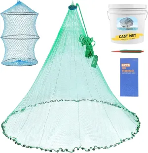 12.1ft Cast Nets for Fishing with Storage Bucket, Casting Nets for Bait Fish, Freshwater and Saltwater Fishing Nets, 1.5LB/Ft Heavy Duty Sinkers Throw Cast Net, Bait Traps, 3/8 In Mesh Size - by TTDMK