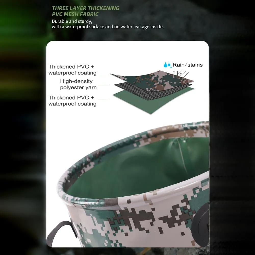 20L Collapsible Fishing Bucket, Leak Proof, Food Grade PVC, Portable Outdoor Basin, Travel and Camping Essential for Hiking, Road Trips and Outdoor Activities (Blue Camo)