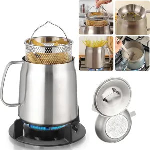2L Stainless Steel Oil Filter Pot Bacon Grease Saver with Strainer Large Capacity Versatile Oil Strainer Pot Fine Mesh Removable Cooking Oil Filter, for Kitchen Storing Grease Frying Basket