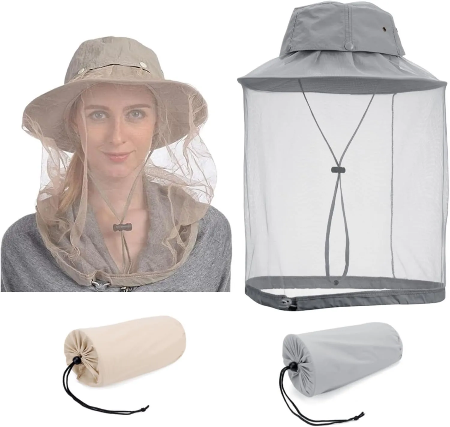 2X Mosquito Head Net Hats Men Women, Sun Bucket Hat Hidden Net Mesh, for Fishing Trekking Hiking Safari Gardening
