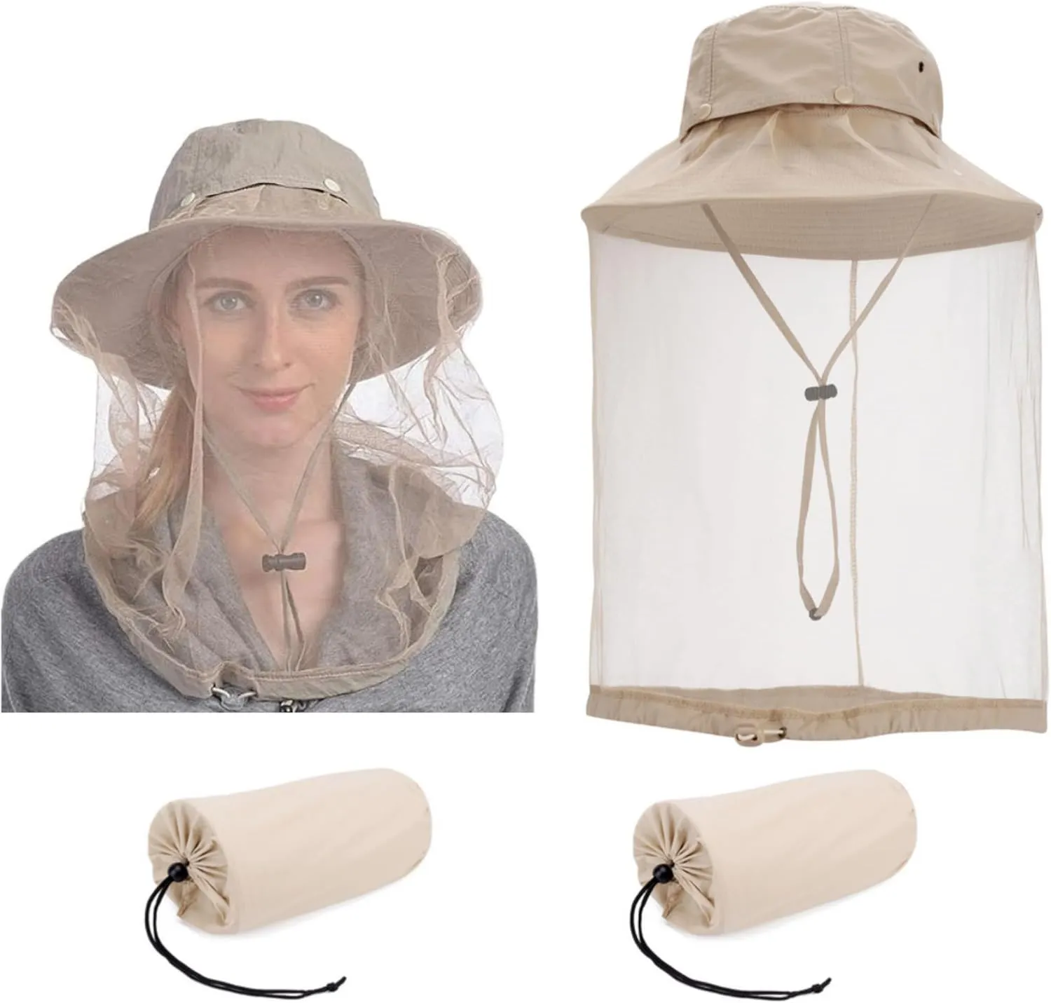 2X Mosquito Head Net Hats Men Women, Sun Bucket Hat Hidden Net Mesh, for Fishing Trekking Hiking Safari Gardening