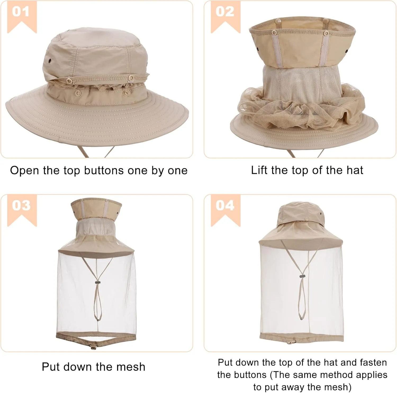 2X Mosquito Head Net Hats Men Women, Sun Bucket Hat Hidden Net Mesh, for Fishing Trekking Hiking Safari Gardening