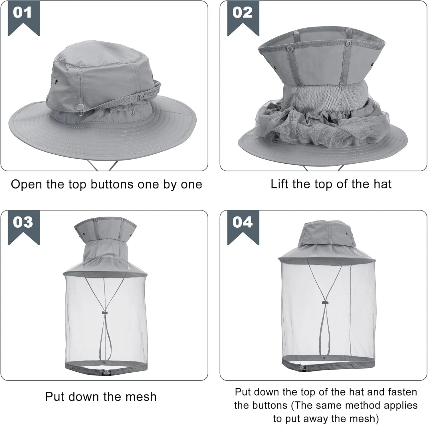 2X Mosquito Head Net Hats Men Women, Sun Bucket Hat Hidden Net Mesh, for Fishing Trekking Hiking Safari Gardening