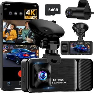 3 Channel 4K Dash Cam Front and Rear Inside, 5G WiFi Dash Cam, APP Control, Car Camera Night Vision, 3" IPS Screen, G-Sensor, 24H Parking Mode, Loop Recording, 64GB SD Card Included, K02 Pro