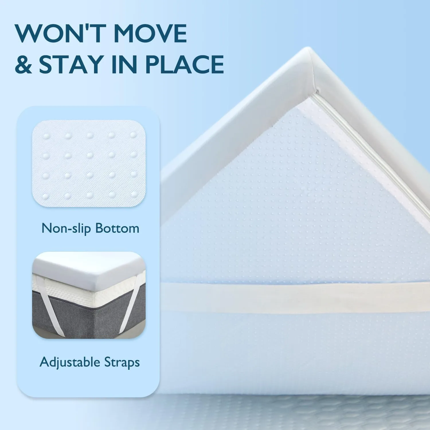 3 Inch Gel Memory Foam Cooling Mattress Topper Queen Size with Cool-Touch Silky Cover for Cool Sleep & Pressure Relief, Non-Slip Adjustable Straps & Removable Cover, CertiPUR-US & Oeko-Tex Certified