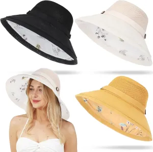 3 Pcs Women Mesh Sun Hats Sun Protection Bucket Caps Packable Wide Brim Chin Strap Lightweight Hat for Summer Outdoor, Black, Beige, Yellow