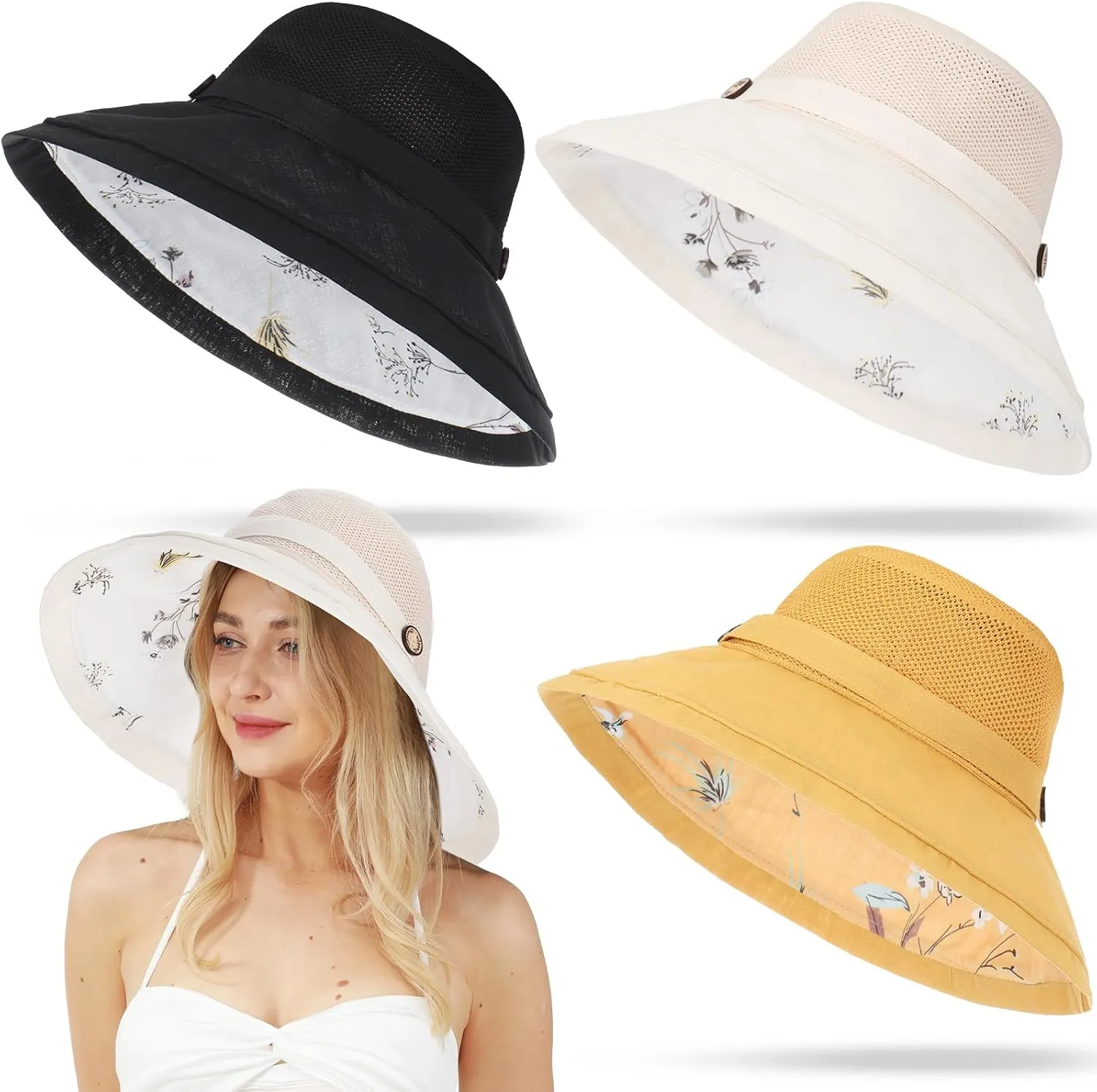 3 Pcs Women Mesh Sun Hats Sun Protection Bucket Caps Packable Wide Brim Chin Strap Lightweight Hat for Summer Outdoor, Black, Beige, Yellow