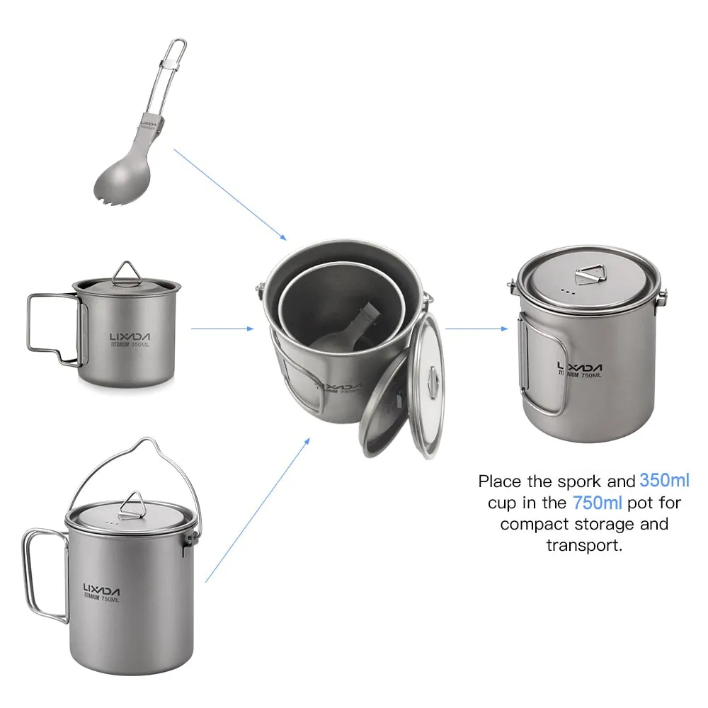 3 Pieces Titanium 750ml Pot Cookware Set