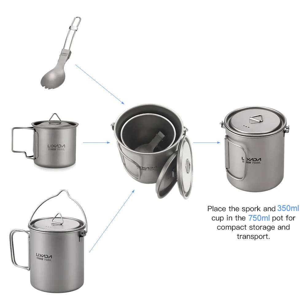 3 Pieces Titanium 750ml Pot Cookware Set