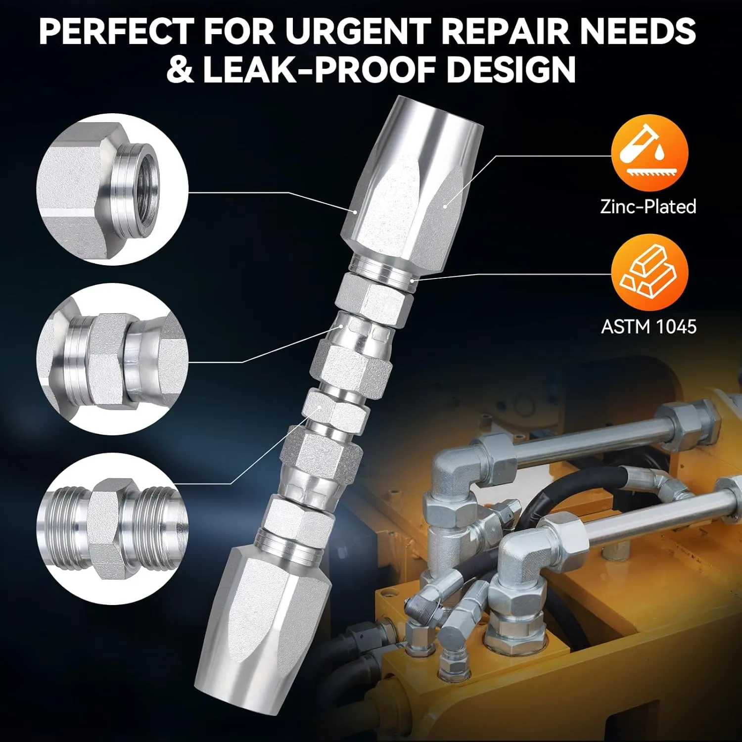 3Pcs Hydraulic Hose Field Repair Kit, 1/4", 3/8", 1/2" Inner Diameter and 6Pcs Small Repair Parts, Reusable, 08 (R2) 2-Wire Reusable Hydraulic Repair Fittings (3 Sizes and 6 Repair Parts)