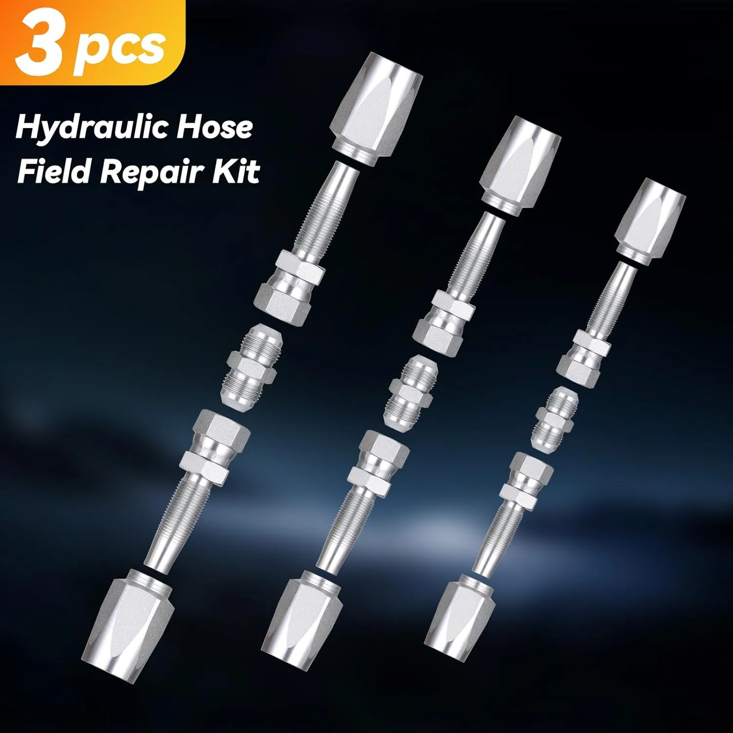 3Pcs Hydraulic Hose Field Repair Kit, 1/4", 3/8", 1/2" Inner Diameter and 6Pcs Small Repair Parts, Reusable, 08 (R2) 2-Wire Reusable Hydraulic Repair Fittings (3 Sizes and 6 Repair Parts)