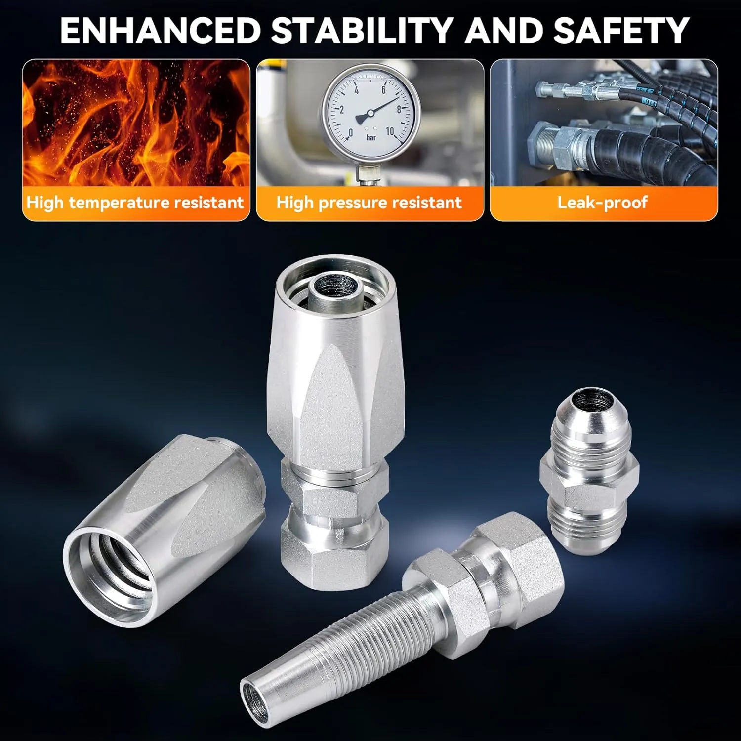 3Pcs Hydraulic Hose Field Repair Kit, 1/4", 3/8", 1/2" Inner Diameter and 6Pcs Small Repair Parts, Reusable, 08 (R2) 2-Wire Reusable Hydraulic Repair Fittings (3 Sizes and 6 Repair Parts)