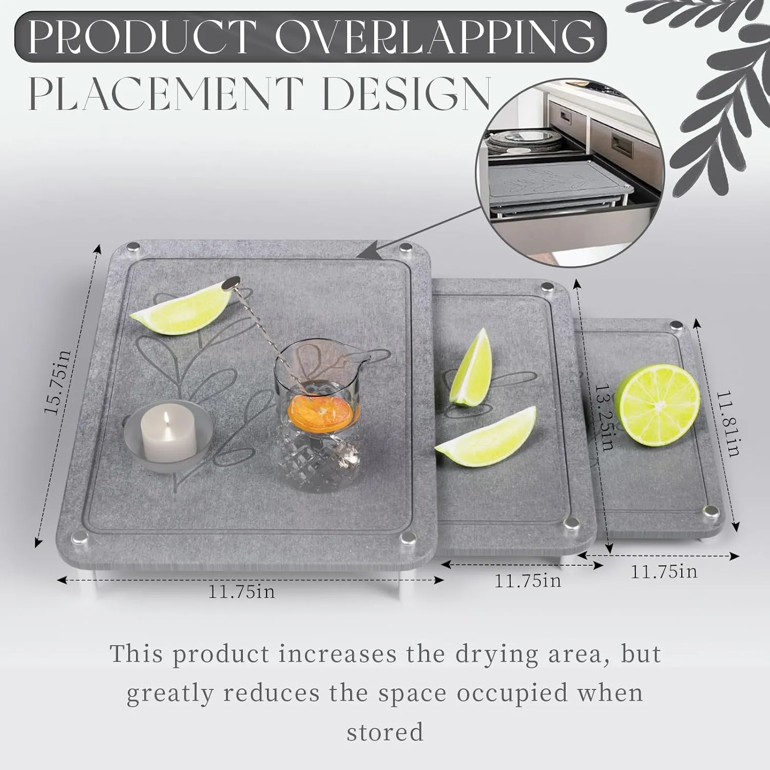 3Pcs Nesting Stone Drying Mat for Kitchen Counter, Super Absorbent Diatomaceous Earth Drying Mat with Non-Slip Feet, Quick Dry Heat Resistant Drying Mat for Dishes, Cups, Fork - Dark Gray
