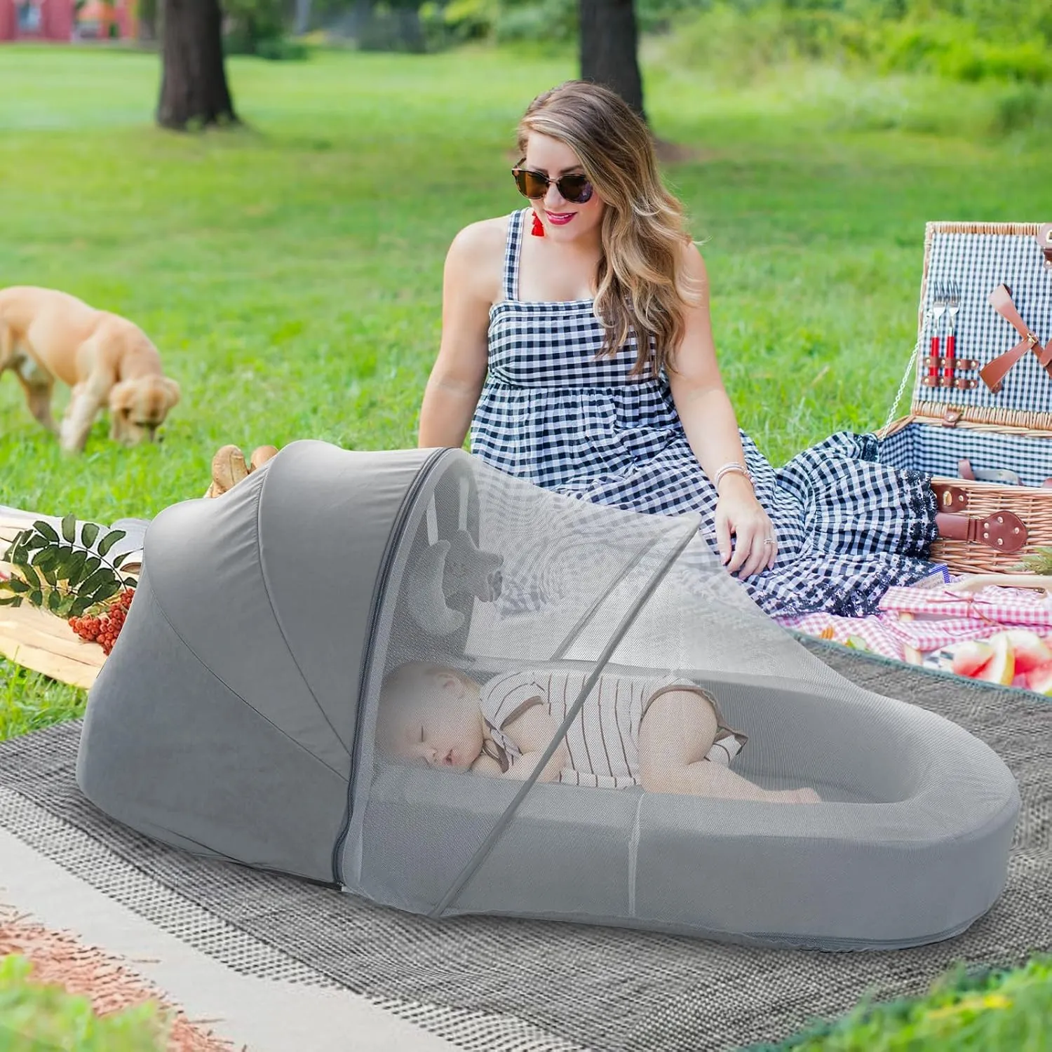4-in-1 Portable Baby Travel Bed and Sofa, Baby Bassinet with 2-in-1 Mosquito and Canopy for Newborn, Infant and Toddler 0-3yr Old, Size S, Gray