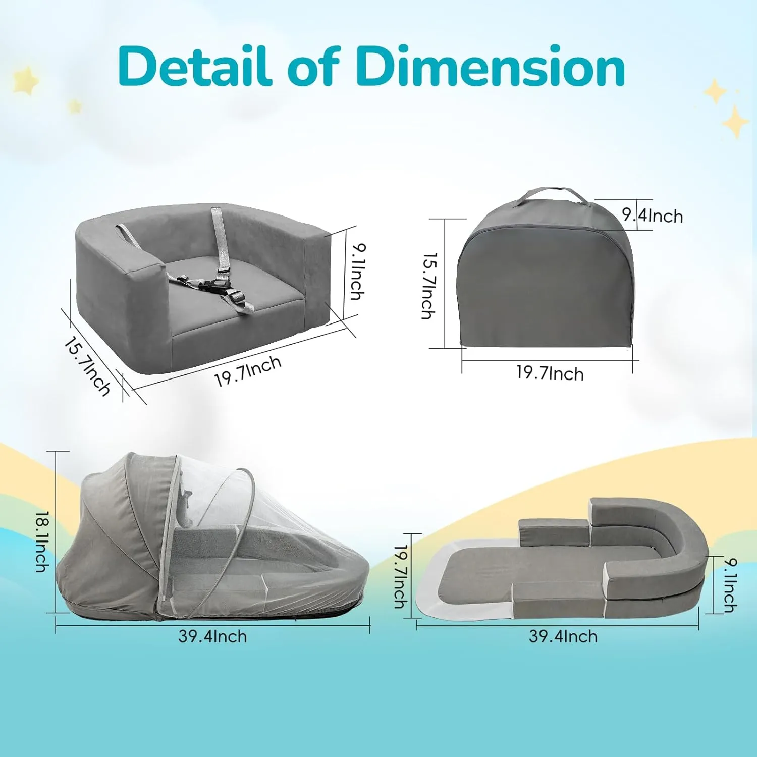 4-in-1 Portable Baby Travel Bed and Sofa, Baby Bassinet with 2-in-1 Mosquito and Canopy for Newborn, Infant and Toddler 0-3yr Old, Size S, Gray