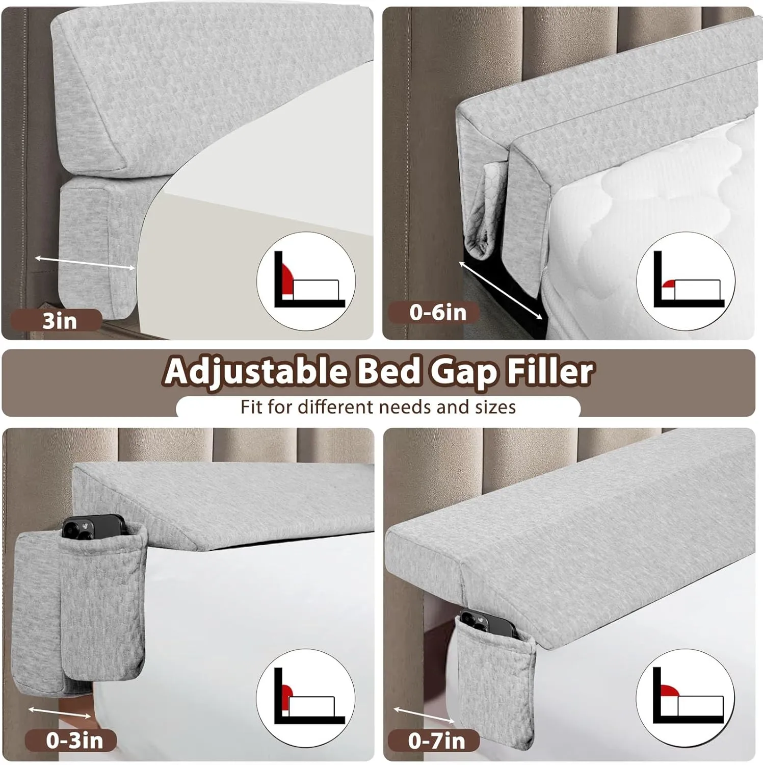 4 Modes Pillow Wedge for Headboard Gap, Foldable Bed Wedge Pillow, Bed Gap Filler King Size Fill The Gap (0-7"), Mattress Gap Filler Long Pillow Between Headboard and Mattress