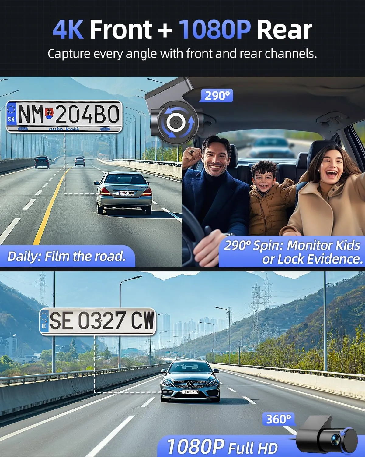 4K Dash Cam Front and Rear, 64GB SD Card, 1.5” IPS Display Car Camera, 5Ghz WiFi App Control, Night Vision, 24H Parking Mode, G-Sensor, WDR, 170° Wide Angle, 4K 1080P Dual Dash Camera for Cars