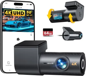 4K Dash Cam Front and Rear, 64GB SD Card, 1.5” IPS Display Car Camera, 5Ghz WiFi App Control, Night Vision, 24H Parking Mode, G-Sensor, WDR, 170° Wide Angle, 4K 1080P Dual Dash Camera for Cars