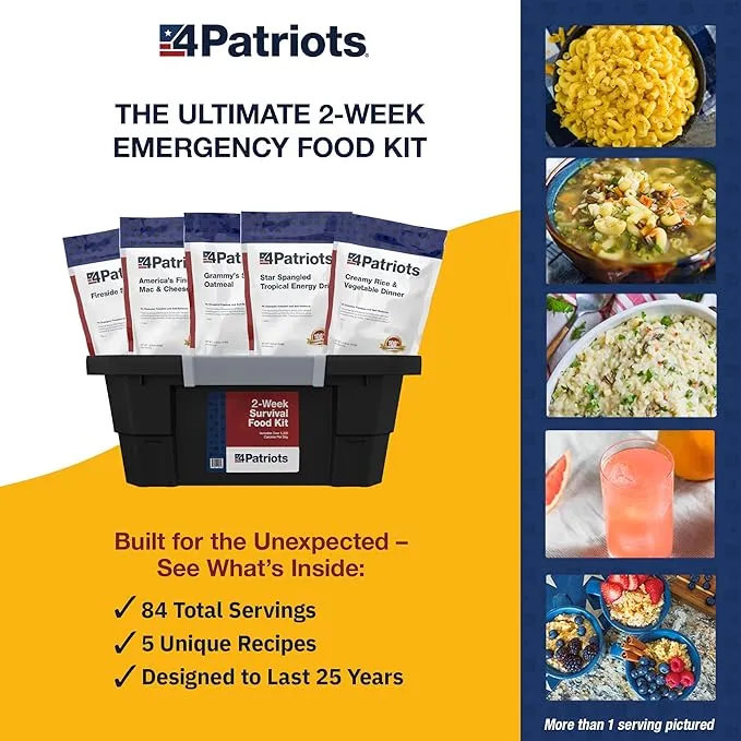 4Patriots: 2-Week Emergency Food Supply Survival Kit, Perfect for Camping, Freeze Dried Preparedness Food, Designed to Last 25 Years, Be Ready with 84 Servings of Delicious Breakfast, Lunch, & Dinner