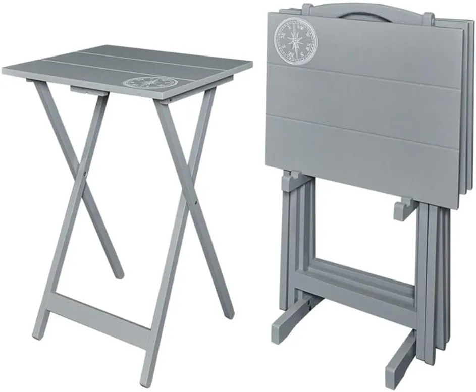 5 Piece Set Compass Print Wood Folding TV Tray Table Stand in Gray, 4 Tray Tables & 1 Stand