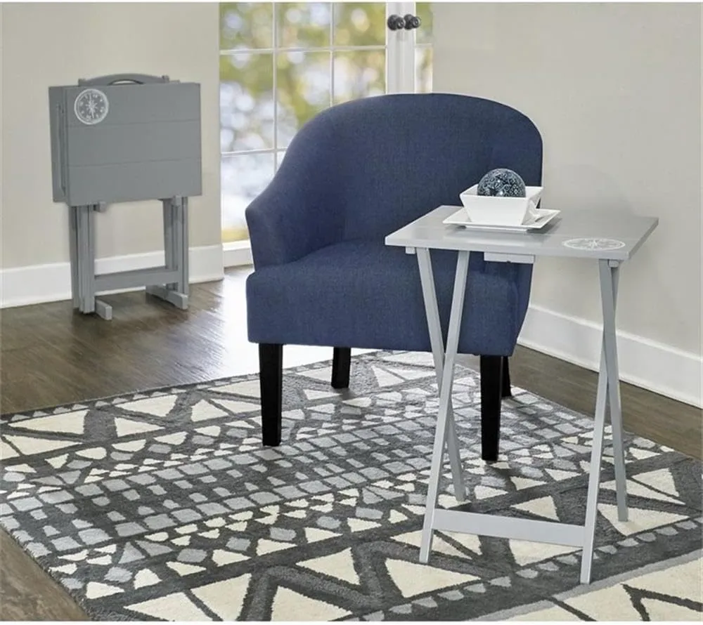 5 Piece Set Compass Print Wood Folding TV Tray Table Stand in Gray, 4 Tray Tables & 1 Stand