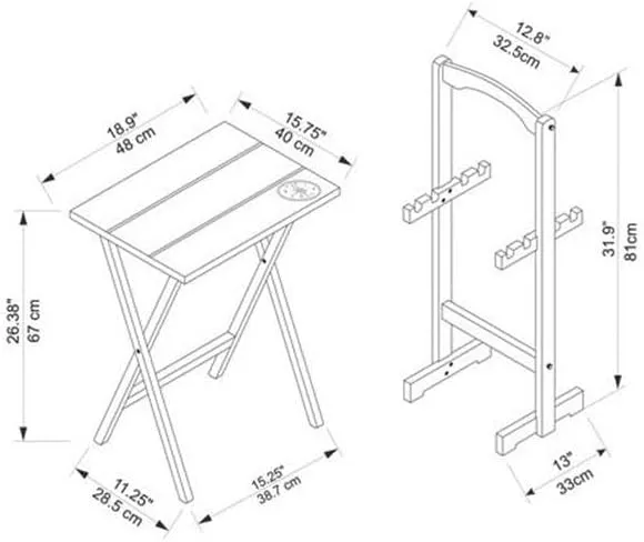 5 Piece Set Compass Print Wood Folding TV Tray Table Stand in Gray, 4 Tray Tables & 1 Stand