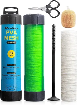 5M PVA Mesh Kit with Scissors 18mm 25mm 37mm 44mm Wide PVA Mesh Carp Fishing Accessories with Funnel & Plunger System Fast Melt PVA Mesh Bag Fishing Refill for Boilie Bait Feeding (5M, 37mm)