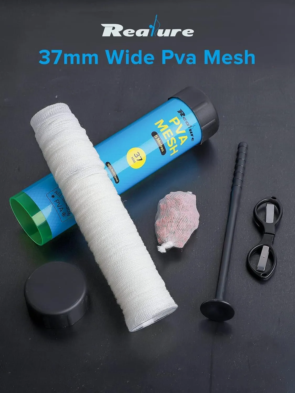 5M PVA Mesh Kit with Scissors 18mm 25mm 37mm 44mm Wide PVA Mesh Carp Fishing Accessories with Funnel & Plunger System Fast Melt PVA Mesh Bag Fishing Refill for Boilie Bait Feeding (5M, 37mm)