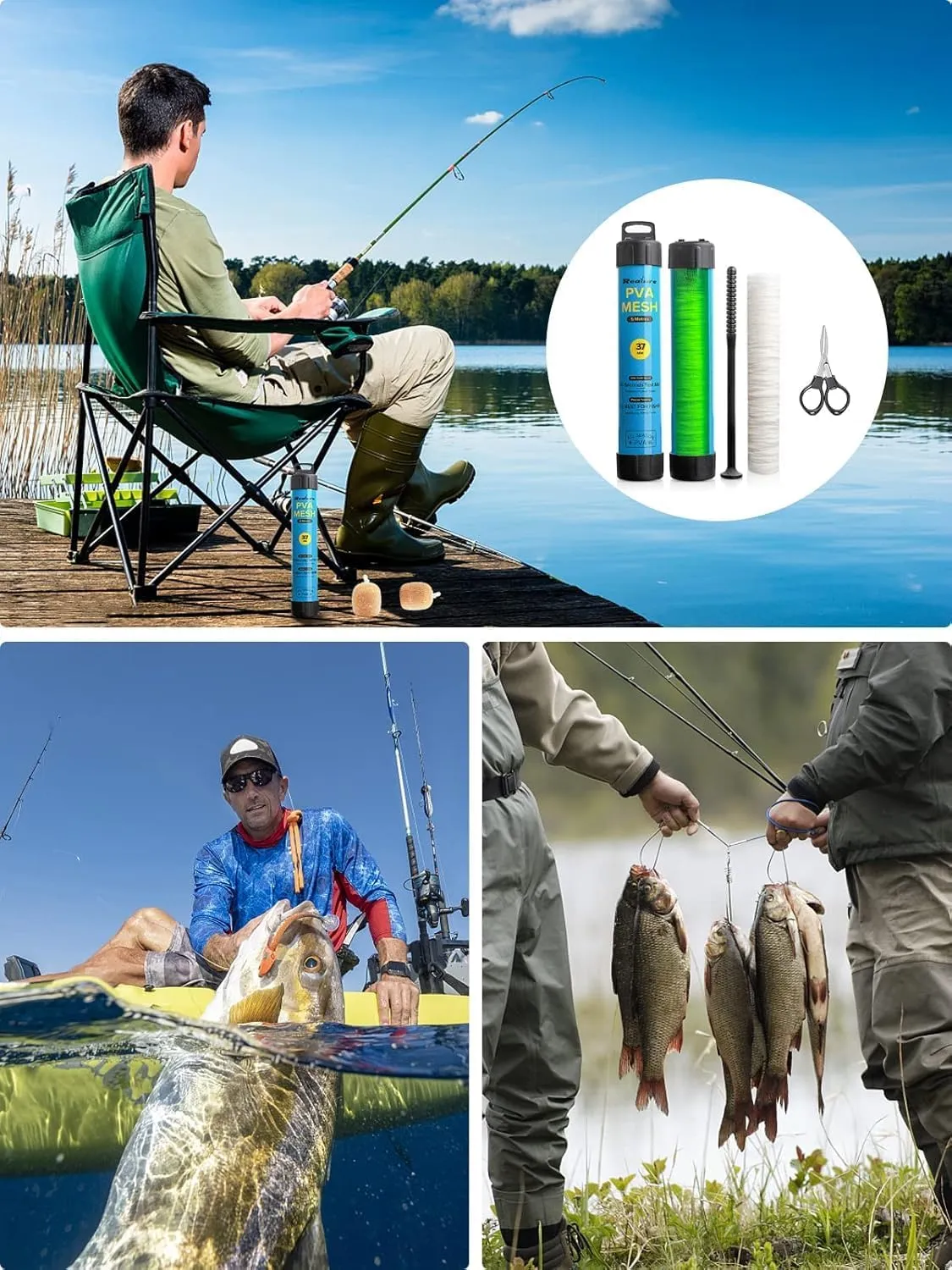 5M PVA Mesh Kit with Scissors 18mm 25mm 37mm 44mm Wide PVA Mesh Carp Fishing Accessories with Funnel & Plunger System Fast Melt PVA Mesh Bag Fishing Refill for Boilie Bait Feeding (5M, 37mm)