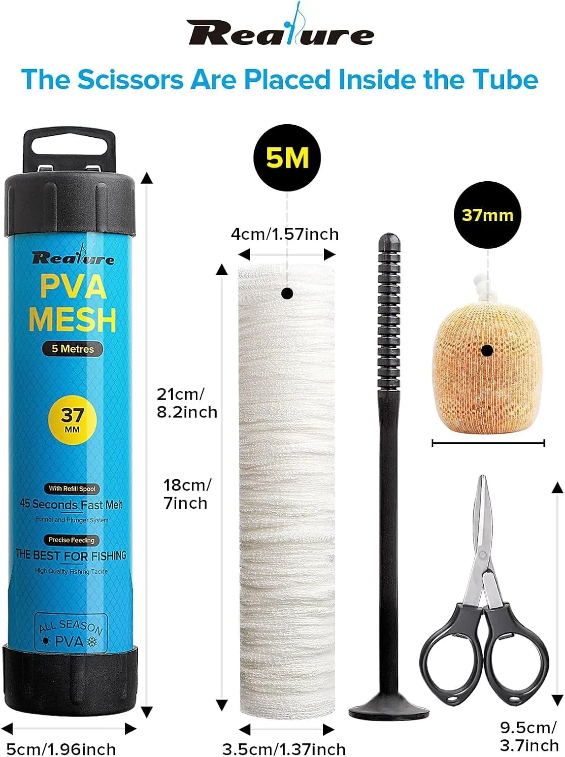 5M PVA Mesh Kit with Scissors 18mm 25mm 37mm 44mm Wide PVA Mesh Carp Fishing Accessories with Funnel & Plunger System Fast Melt PVA Mesh Bag Fishing Refill for Boilie Bait Feeding (5M, 37mm)