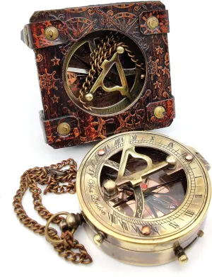 5MOONSUN5's Antique Brass Sundial Compass Marine Boat Gift Pocket Sun Dial in Leather Display Box Nautical Marine Gift Sun Clock Pirate Ship Replica Watch Steampunk Accessory