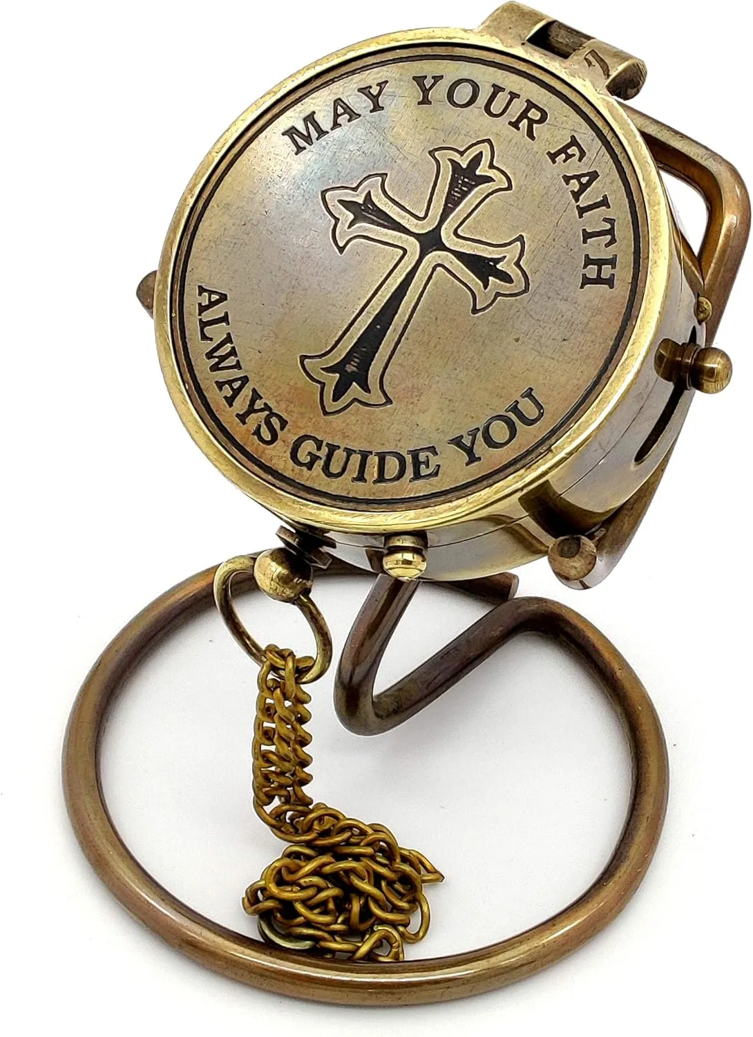 5MOONSUN5's Brass Compass Cross and May Your Faith Always Guide You Engraved. Keepsake Confirmation Gift Ideas, Heavenly Gift of Faith. The Perfect Baptism, Missionary, Birthday with Display Stand.