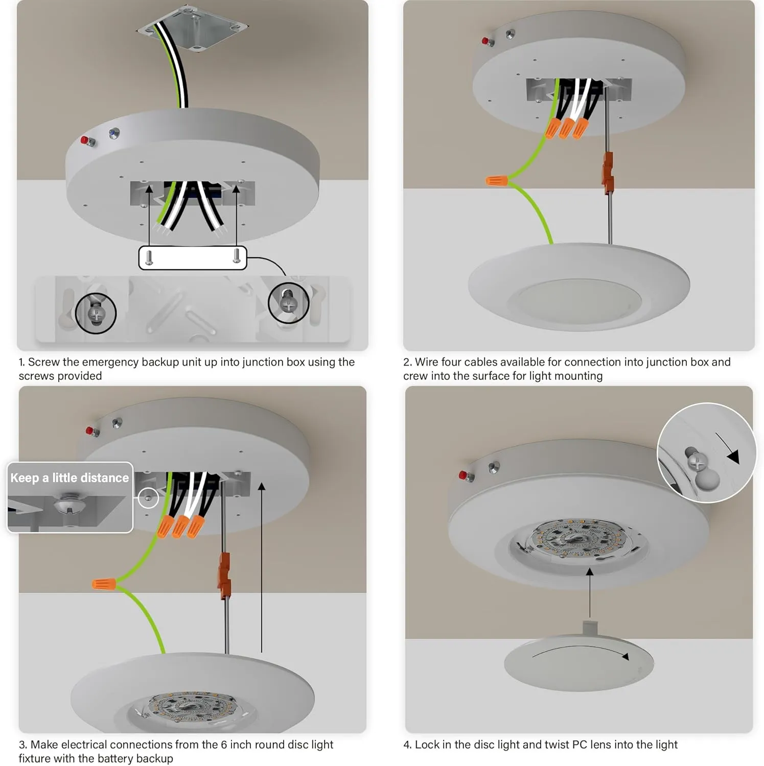 6 Inch LED Emergency Disk Light Kit with Battery Backup, Ceiling Mount Emergency Lights, Dimmable, 120-277V, 15W, 1000lm, CRI90, 5CCT Selectable, ETL & Wet Rated, White, 1 Pack