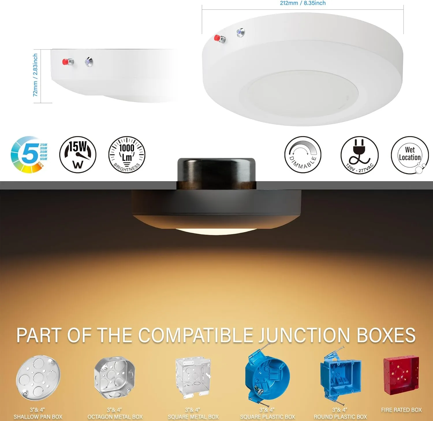 6 Inch LED Emergency Disk Light Kit with Battery Backup, Ceiling Mount Emergency Lights, Dimmable, 120-277V, 15W, 1000lm, CRI90, 5CCT Selectable, ETL & Wet Rated, White, 1 Pack