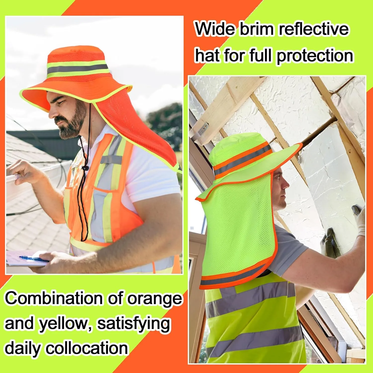 6 Pcs Reflective Safety Hat High Visibility Neck Flap Boonie Hat Wide Brim Work Hats Breathable Bucket Cap for Worker