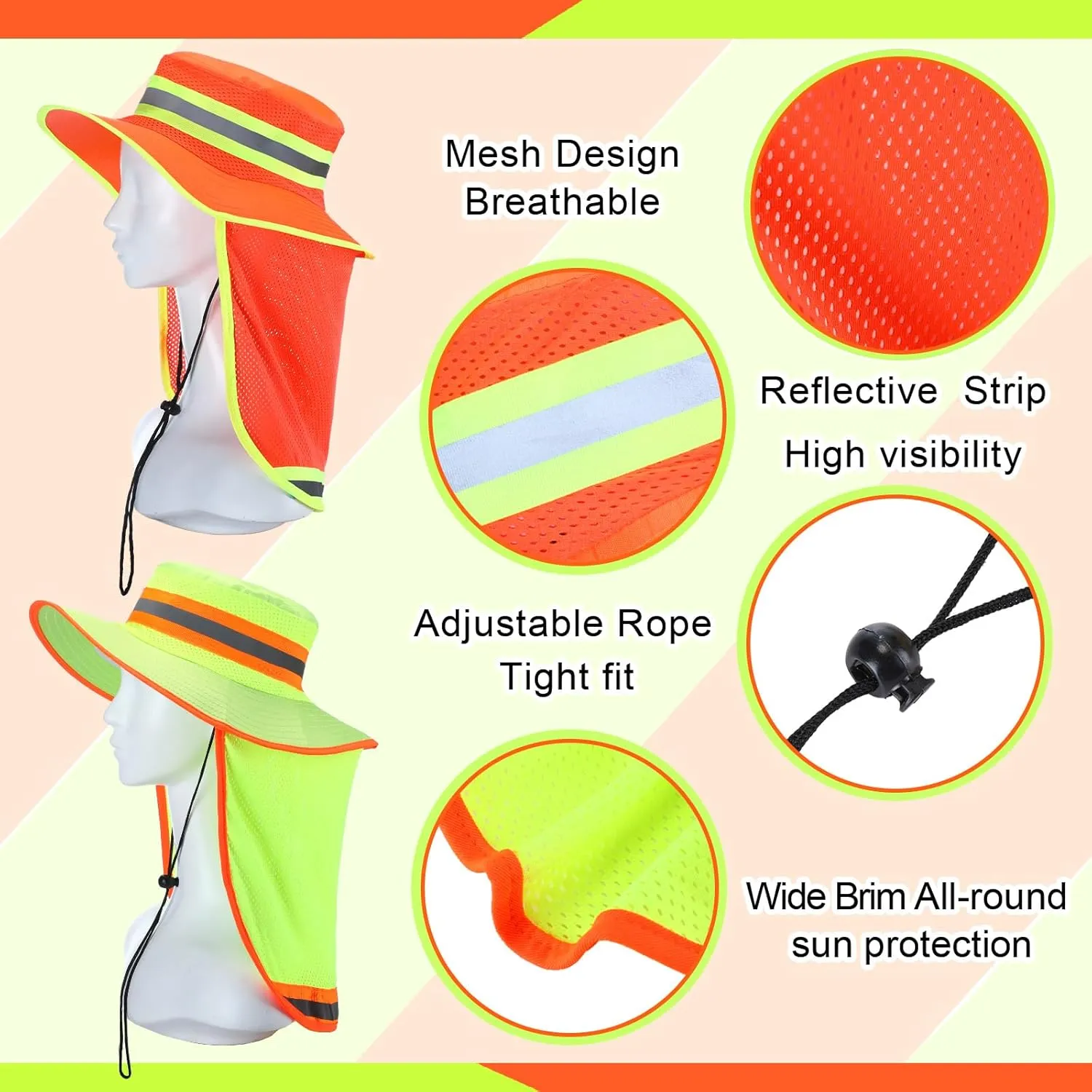 6 Pcs Reflective Safety Hat High Visibility Neck Flap Boonie Hat Wide Brim Work Hats Breathable Bucket Cap for Worker