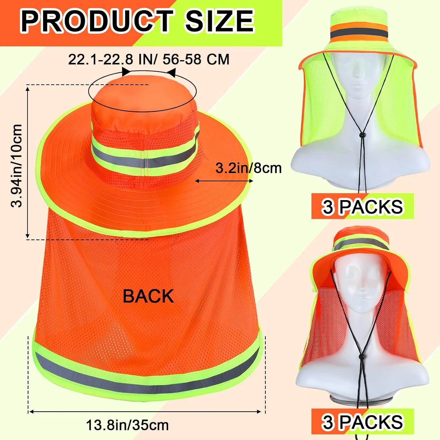 6 Pcs Reflective Safety Hat High Visibility Neck Flap Boonie Hat Wide Brim Work Hats Breathable Bucket Cap for Worker
