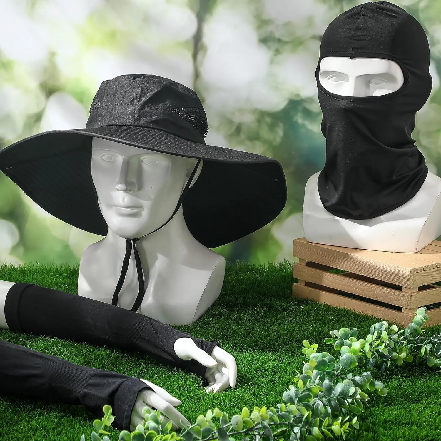 8 Pcs UV Protection Set 2 Wide Brim Bucket Sun Hat 2 Balaclava Face Breathable Mask 4 Pairs Cooling Compression