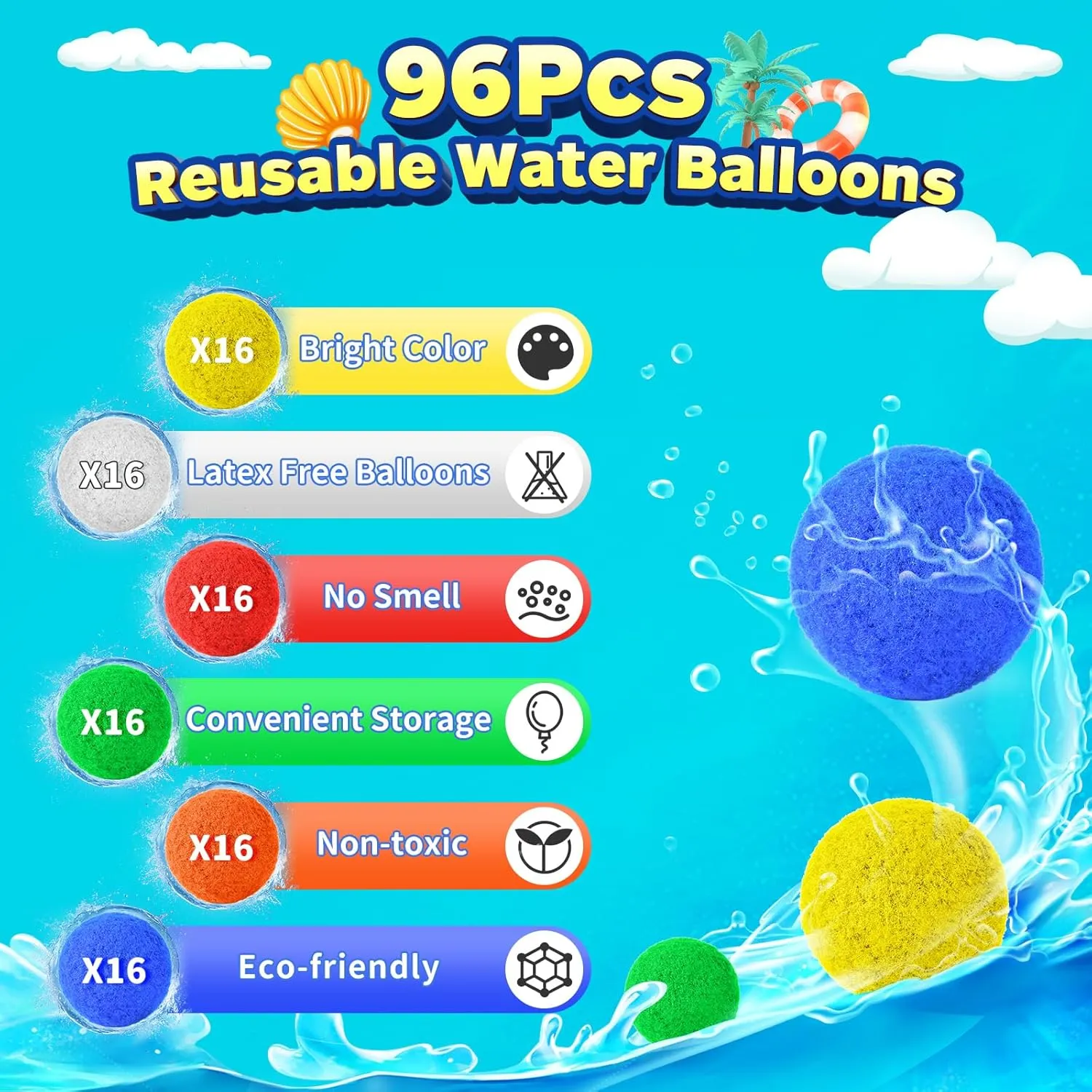 96 Pcs Reusable Water Balls, Reusable Water Balloons Splash Balls for Kids Adults - Water Toys for Outdoor Summer Fun Water Games for Boys Girls Pool Backyard Birthday Party Games-Upgraded