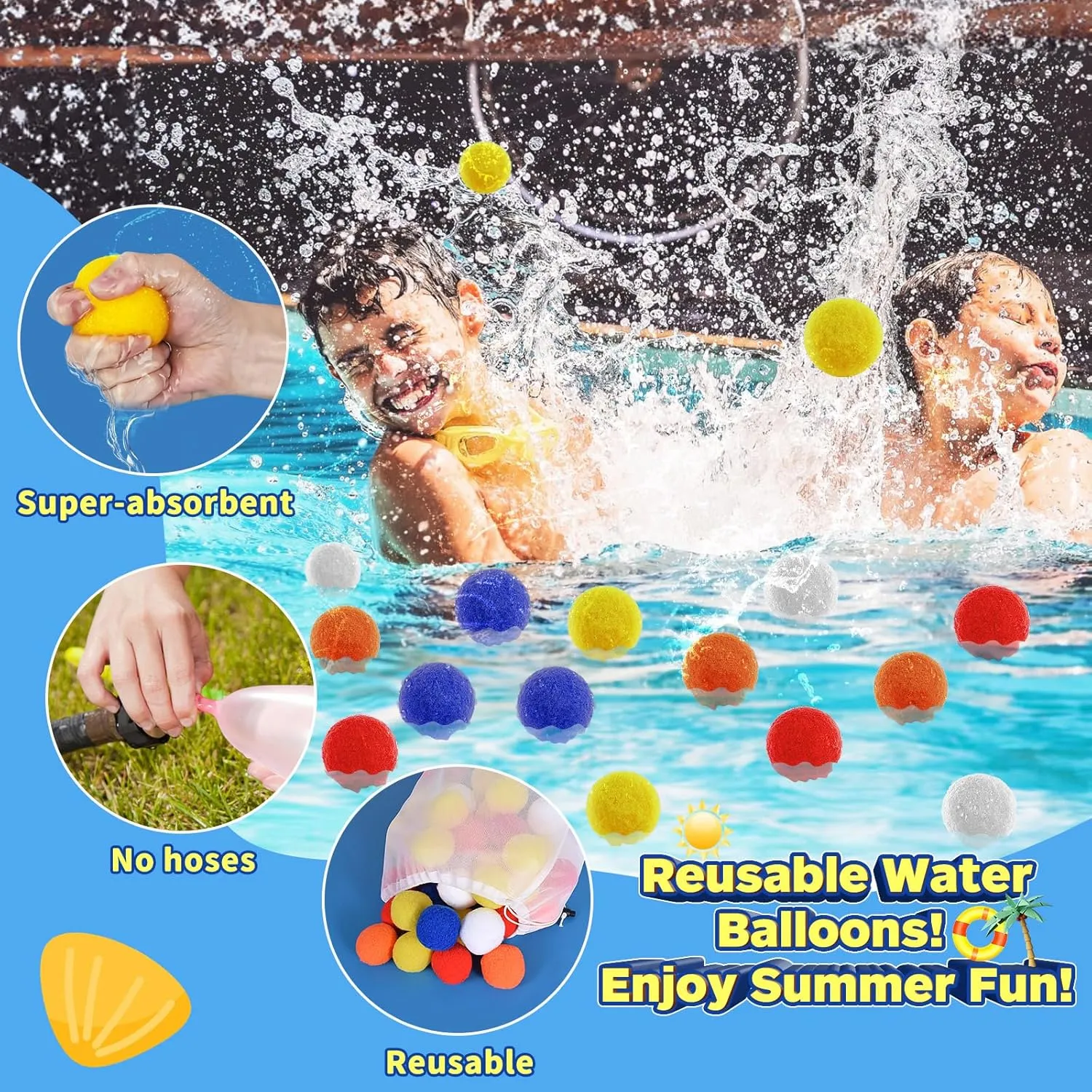 96 Pcs Reusable Water Balls, Reusable Water Balloons Splash Balls for Kids Adults - Water Toys for Outdoor Summer Fun Water Games for Boys Girls Pool Backyard Birthday Party Games-Upgraded