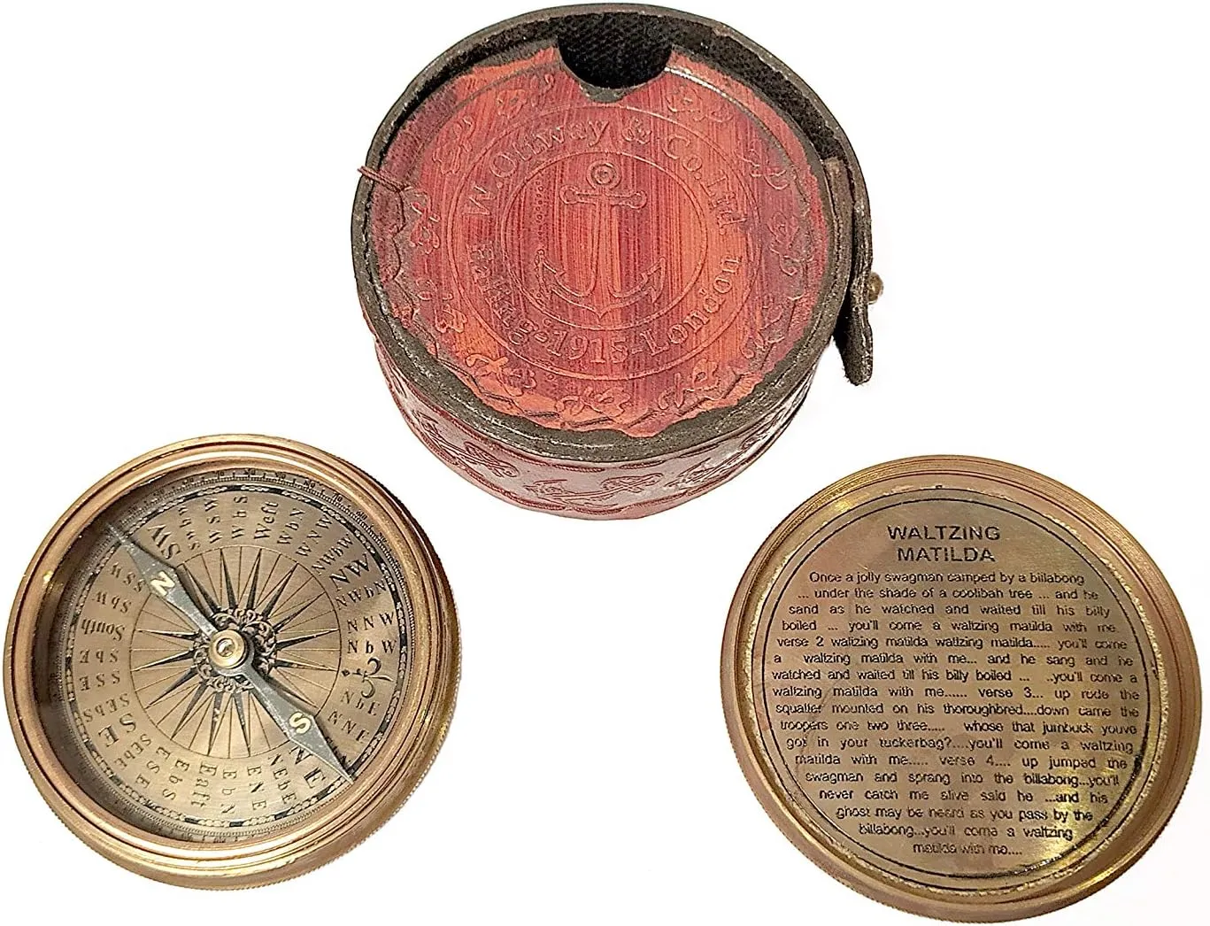 A.A.Nauticals - 3 inch Brass Poem Compass with Round Red Leather Box/Case - Nautical Antique Vintage Reproduction W. Ottway Ealing 1915 London (Brown Antique Finish)