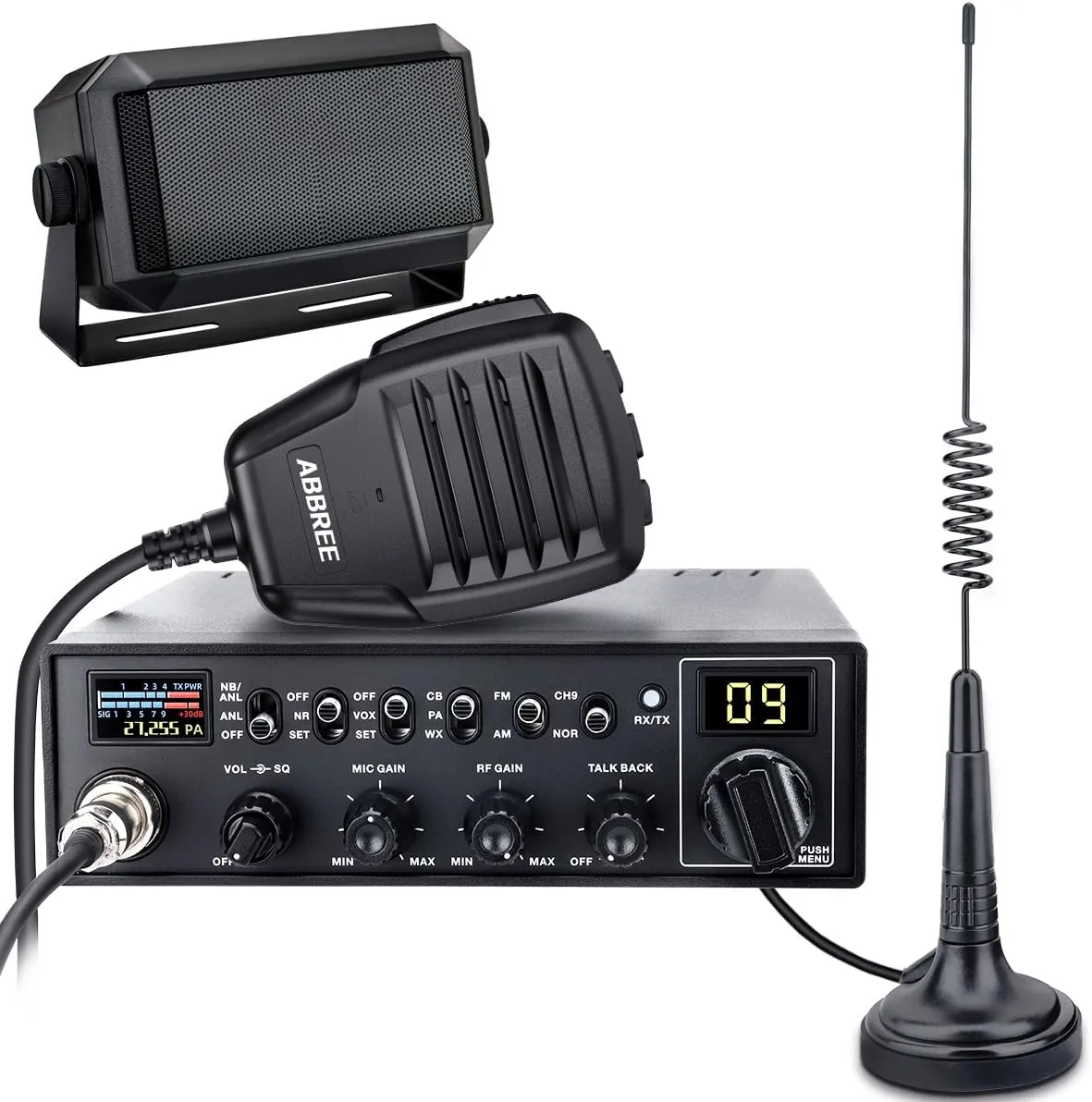 ABBREE CB Radio Kit Long Range AM/FM Professional Portable CB Radio with Magnetic Cb Antenna and External Speaker- NOAA Emergency Radio,Instant Channel 9,Noise Reduction and SWR Calibration,Black