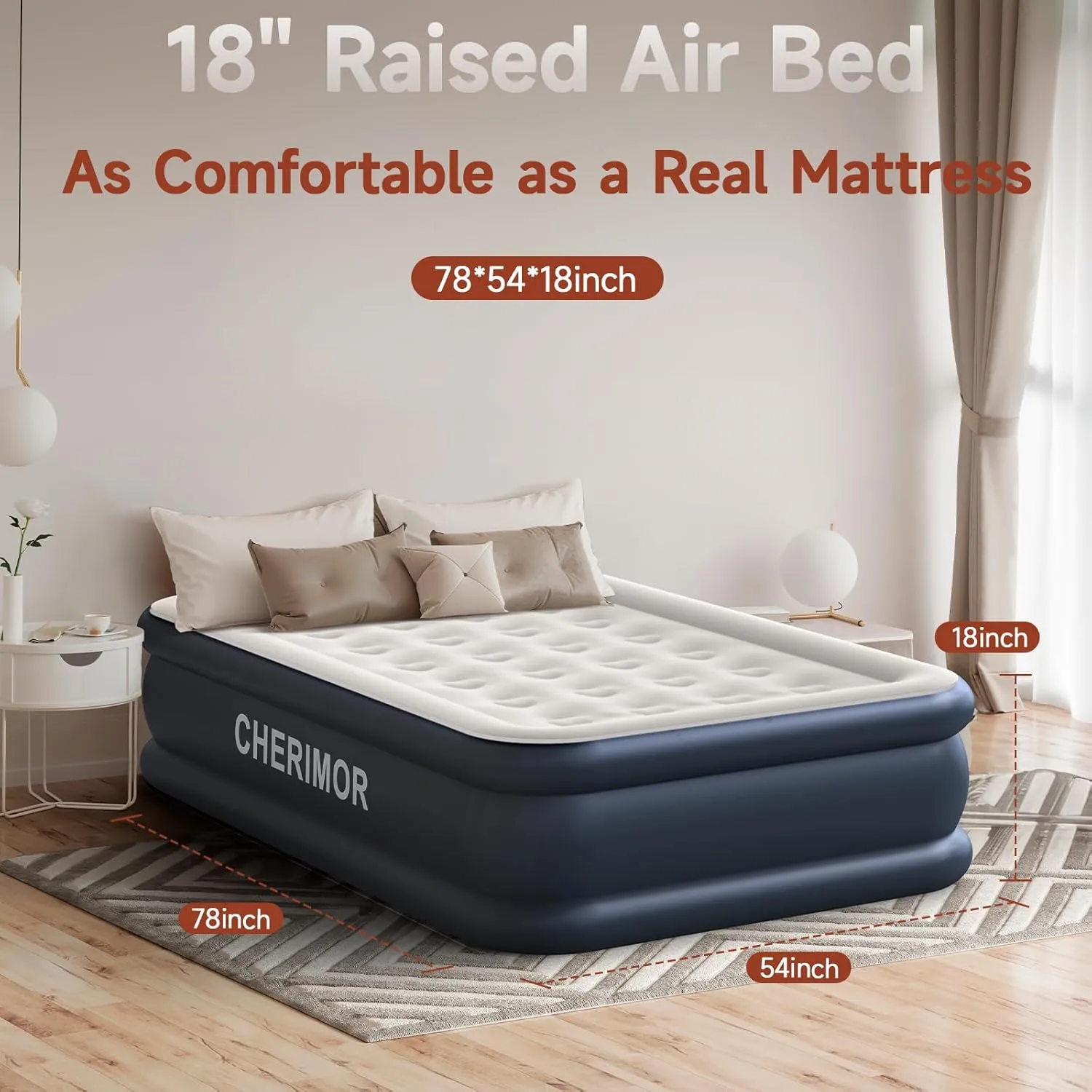 Air Mattress, 18" Raised Full Size Self Inflatable Blow Up Mattress with Built in Pump, Thick Comfort Air Bed with Carry Bag for Camping, Guests & Home, 600lb Capacity Colchon Inflable