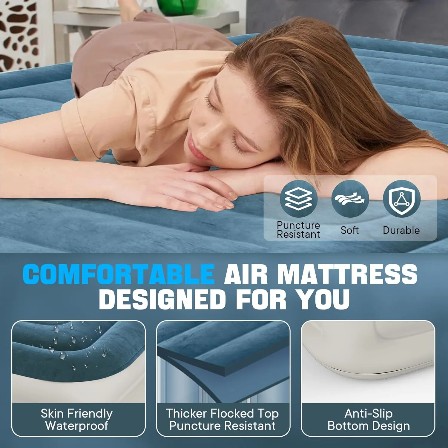 Air Mattress Full with Built in Pump,18" Raised Inflatable Mattress，Thicker Blow Up Mattress 2 Mins Self-Inflation/Deflation，Luxury Upgraded Air Bed with Storage Bag for Home, Camping & Guests