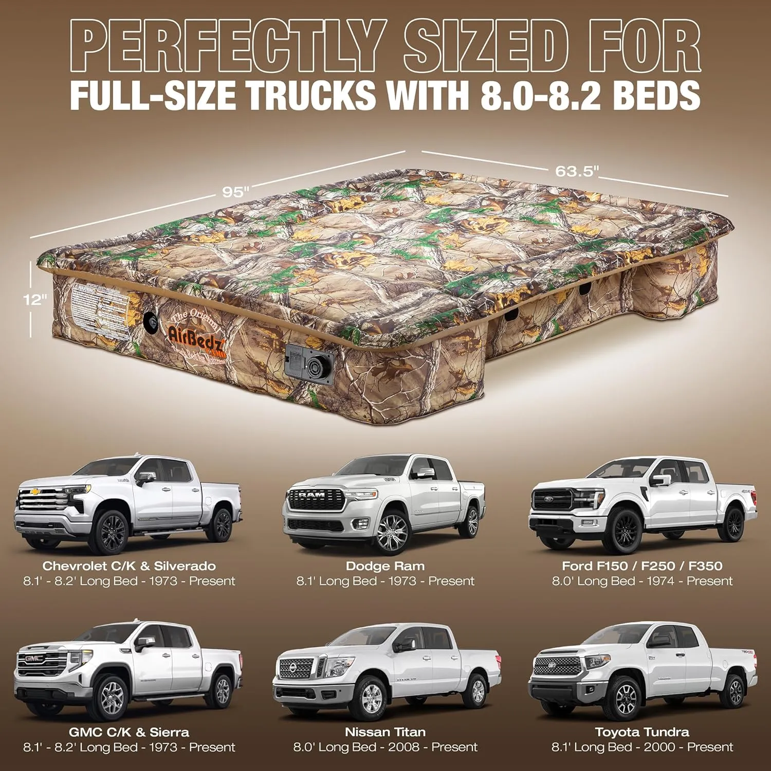 AirBedz by Pittman Outdoors Truck Bed Air Mattress - Full-Size, Long Bed, 8' Long, Built-In Rechargeable Battery Air Pump, Realtree Camo, Carry Bag, Patch Kit, 95"L x 63.5"W x 12"H
