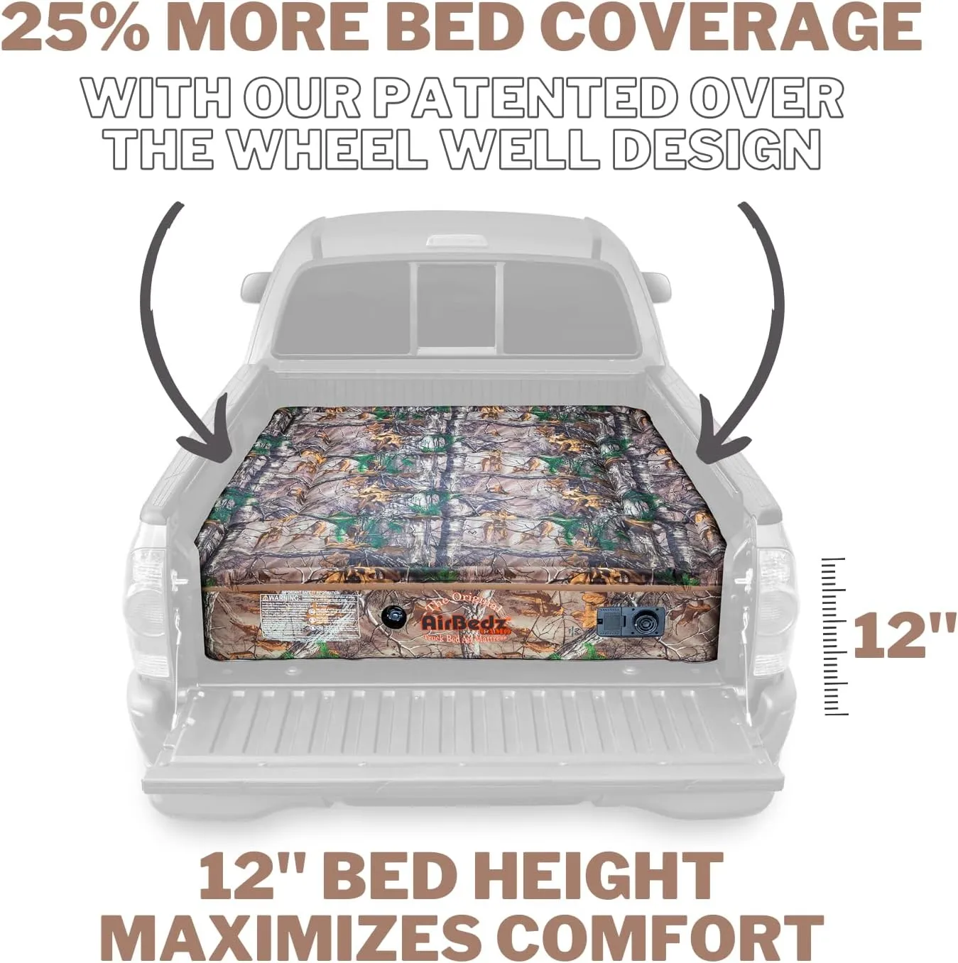 AirBedz by Pittman Outdoors Truck Bed Air Mattress - Full-Size, Long Bed, 8' Long, Built-In Rechargeable Battery Air Pump, Realtree Camo, Carry Bag, Patch Kit, 95"L x 63.5"W x 12"H